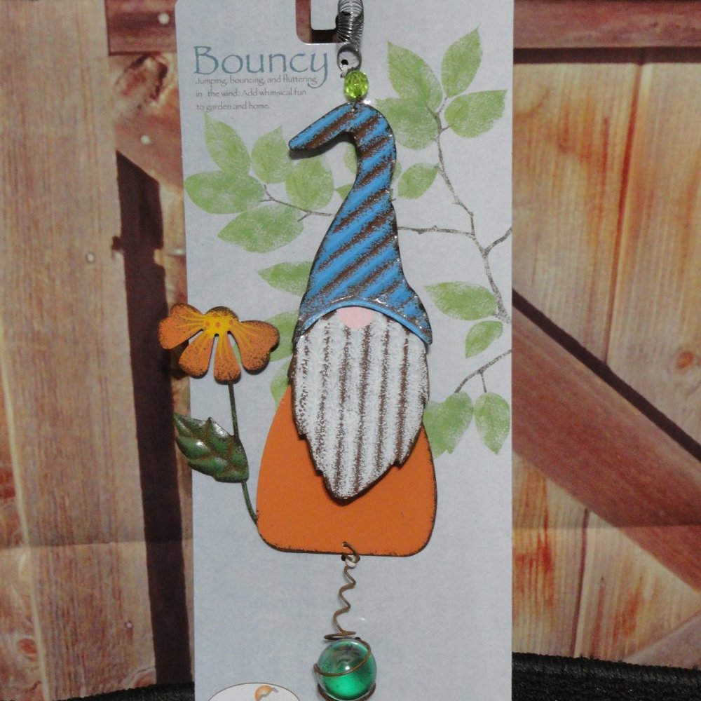 Bouncy Gnome W glass ball. Metal jumping bouncy fun for garden, Decorati…